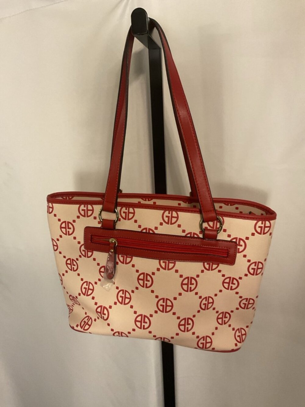 Giani Bernini Red White Monogram Tote Bag Shoulder Purse Zip Pocket Large - Picture 3 of 10